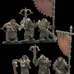 3D printed Dwarf Armbrost Guard command group miniatures by Lost Kingdom Miniatures, featuring detailed dwarf figures in armor.