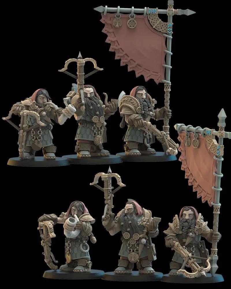 3D printed Dwarf Armbrost Guard command group miniatures by Lost Kingdom Miniatures, featuring detailed dwarf figures in armor.