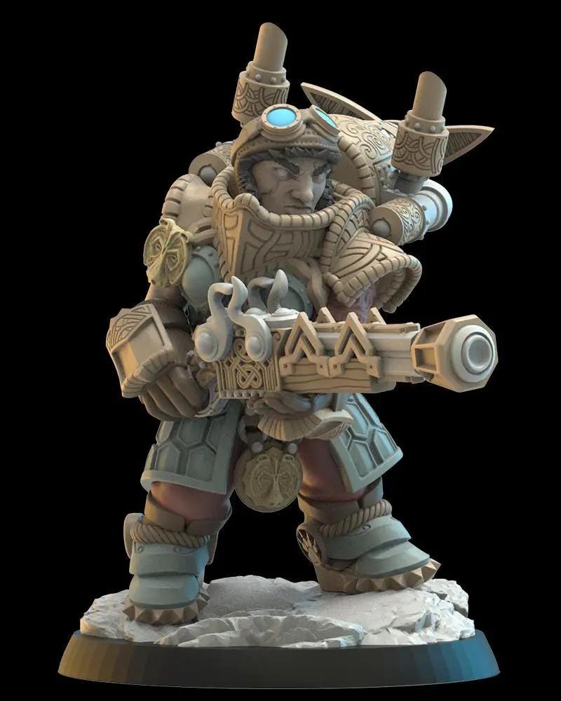 3D printed Inga dwarf engineer captain miniature by Lost Kingdom Miniatures, detailed dwarf figure with engineering tools.