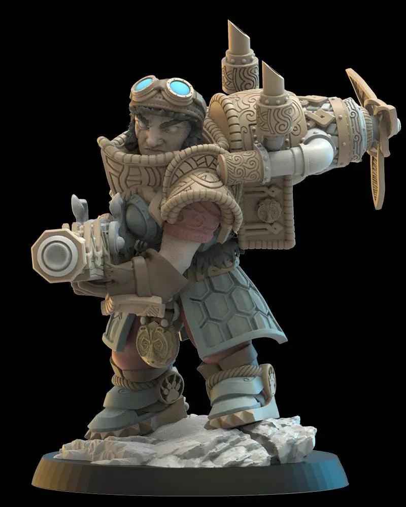 3D printed Inga dwarf engineer captain miniature by Last Hope Miniatures, detailed dwarf with engineering tools and armor.