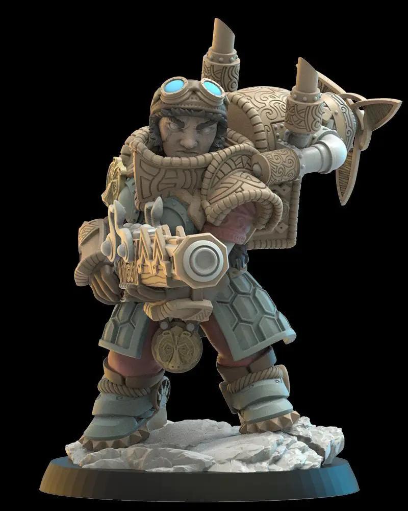 3D printed Inga dwarf engineer captain miniature by Lost Kingdom Miniatures, showing detailed dwarf figure with engineering tools.
