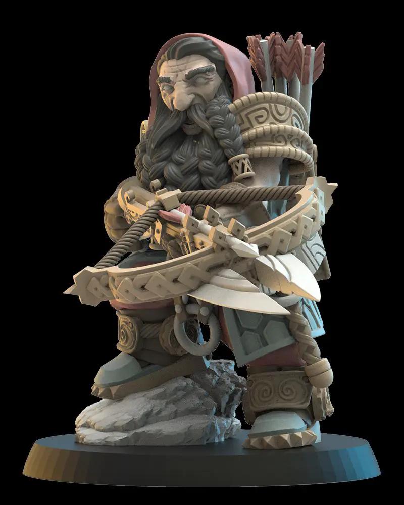 3D printed Harald Dwarf Armbrost Hero figure by Lost Kingdom Miniatures, showcasing detailed dwarf warrior with armor and weaponry.