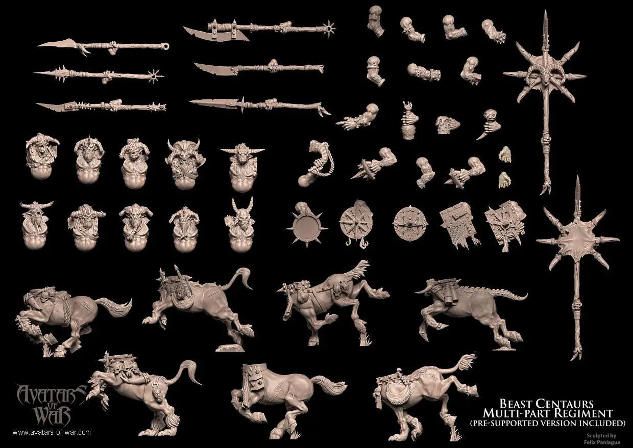3D printed Warrior Beast Centaur Regiment by Avatars of War, painted miniatures with detailed armor and dynamic poses.