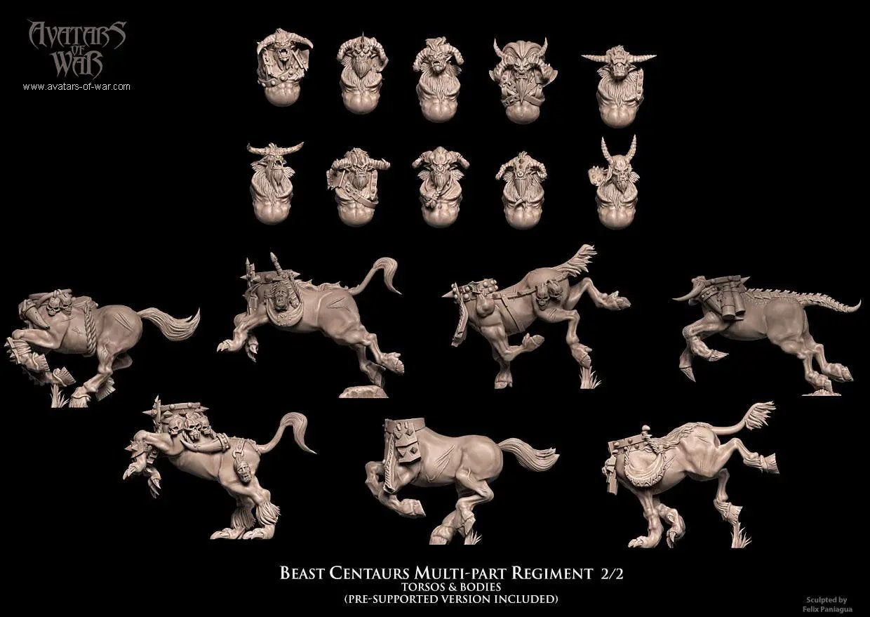 3D printed Warrior Beast Centaur Regiment by Last Hope Miniatures for Avatars of War, showing detailed fantasy centaur figures.