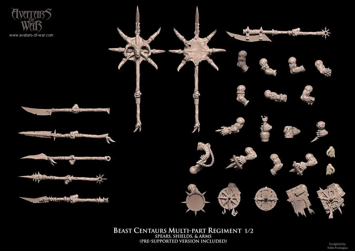 3D printed Warrior Beast Centaur Regiment by Last Hope Miniatures for Avatars of War, detailed fantasy miniatures on a white background.