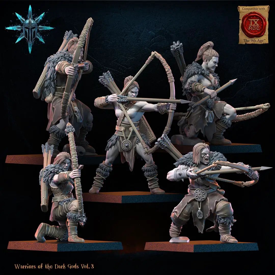 3D printed Chaos Barbarian Bow Regiment miniatures by Lost Kingdom Miniatures, featuring detailed fantasy warrior figures.