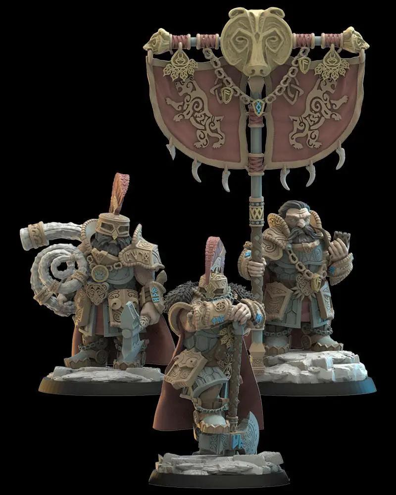 3D printed Dwarf Magyabor Guard Command Group miniatures by Lost Kingdom Miniatures, featuring detailed dwarf figures in armor.
