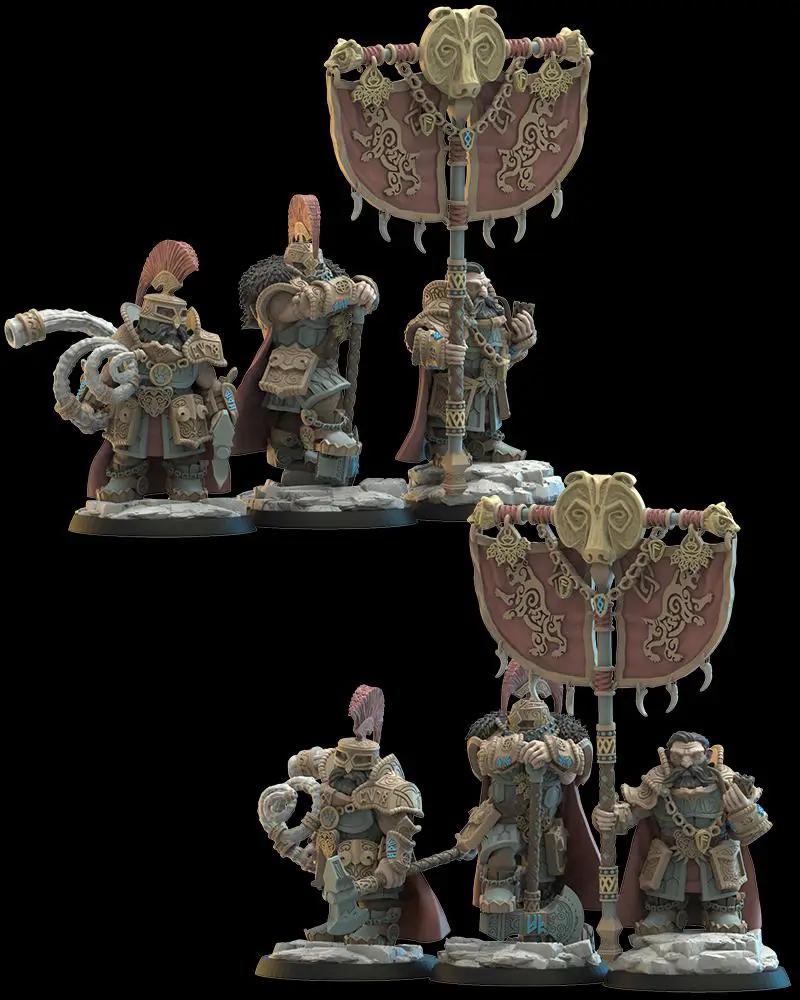 3D printed Dwarf Magyabor Guard Command Group by Lost Kingdom Miniatures, featuring detailed dwarf figures with weapons and armor.