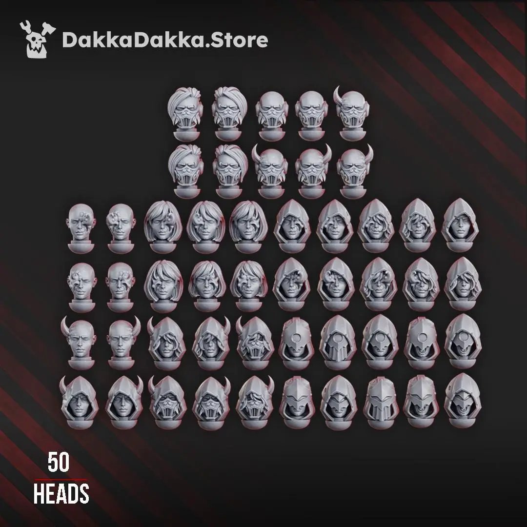 3D printed Unholy Space Coven Heads set by DakkaDakka Miniatures, featuring detailed sci-fi fantasy miniature heads for tabletop gaming