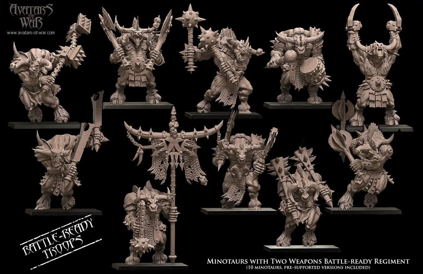 3D printed Minotaur figurine with two weapons by Last Hope Miniatures for Avatars of War, detailed fantasy creature model.