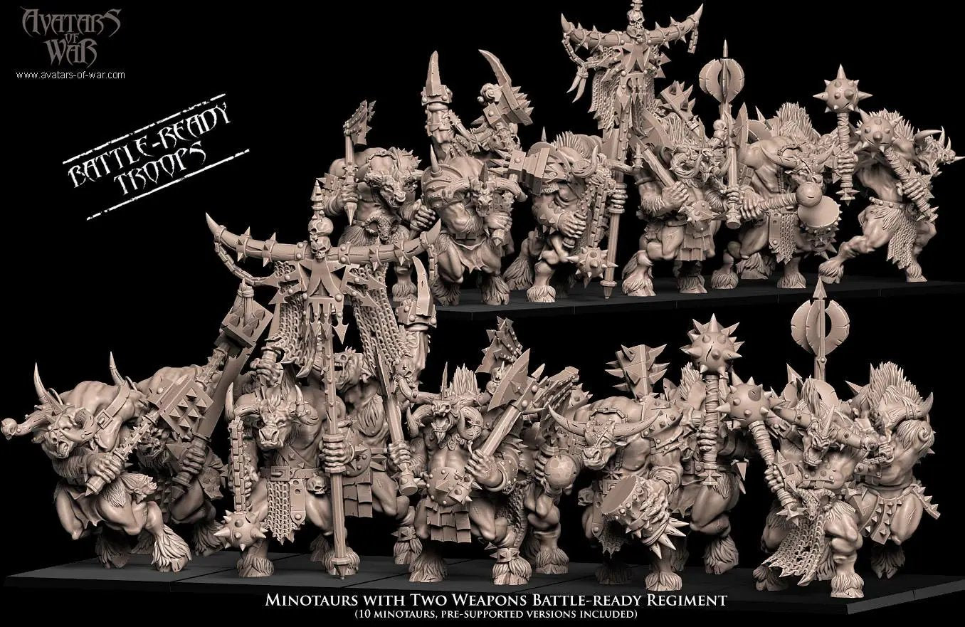 3D printed Minotaur miniatures with two weapons by Avatars of War, produced by Last Hope Miniatures, shown in detailed close-up image.