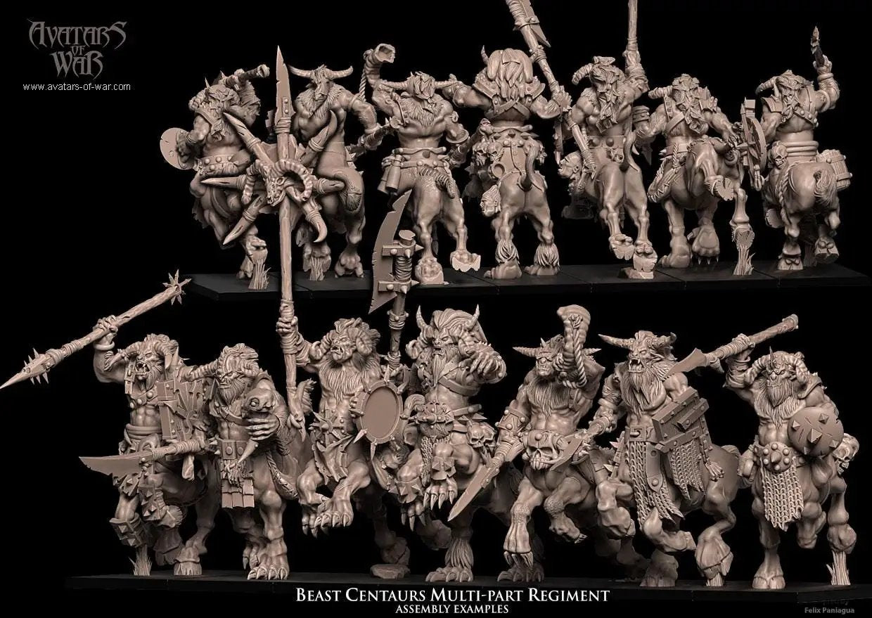 3D printed Warrior Beast Centaur Regiment by Avatars of War, displayed with detailed centaur figures in dynamic poses.