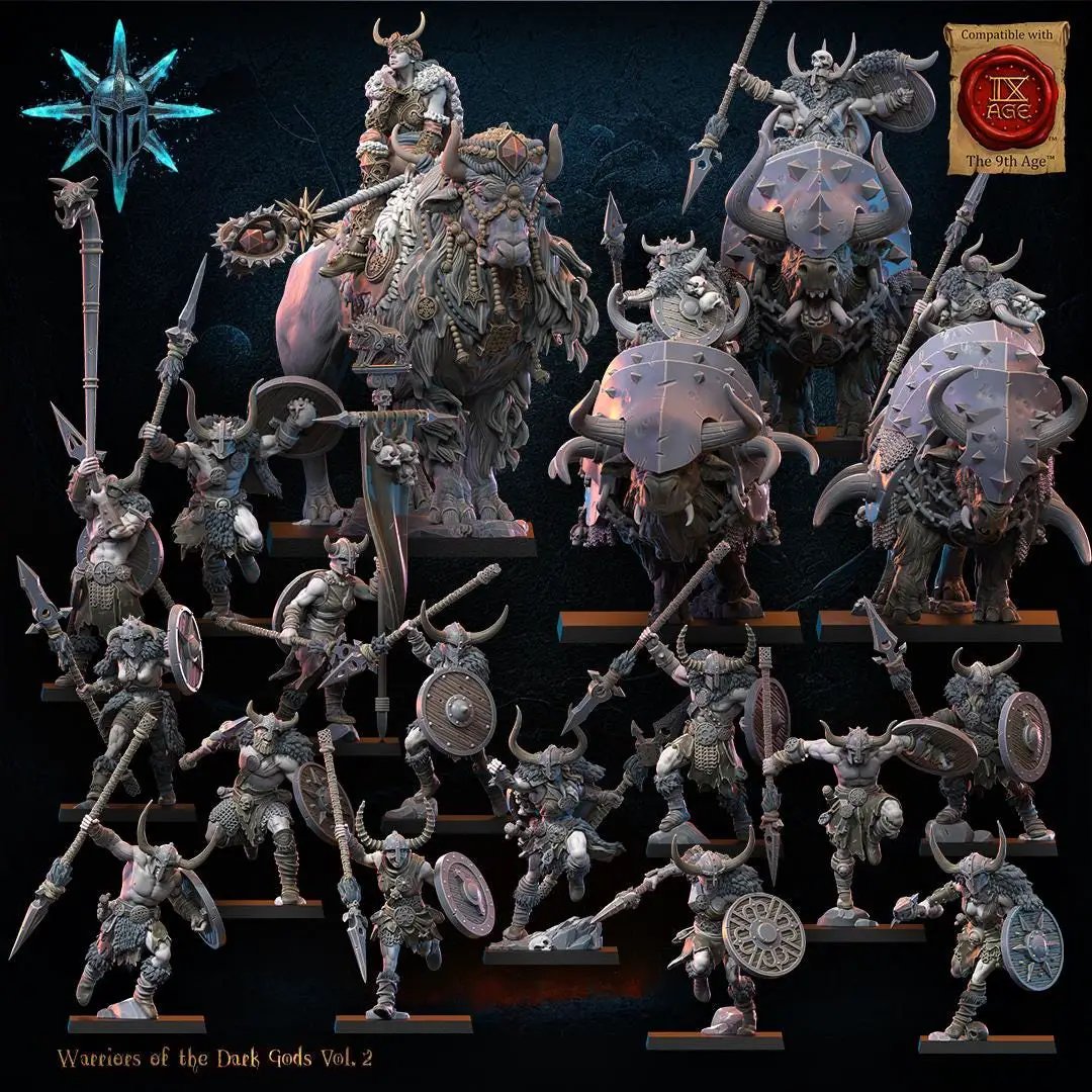 Three 3D printed Chaos Barbarian Riders miniatures by Lost Kingdom Miniatures, featuring detailed barbarian figures on horseback.