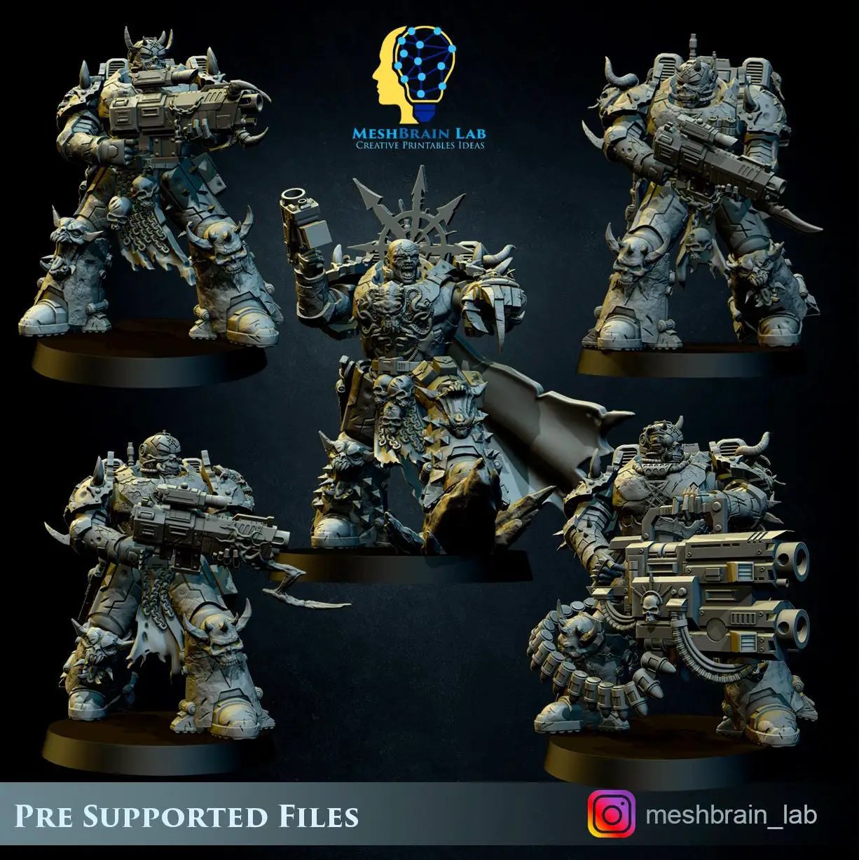 3D printed Doom Marine squad by Meshbrain Labs, featuring detailed miniature figures from Last Hope Miniatures on a white background.