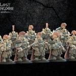 3D printed Dwarf Magyabor Guard miniature by Lost Kingdom Miniatures, showing detailed dwarf armor and weaponry in a dynamic pose.