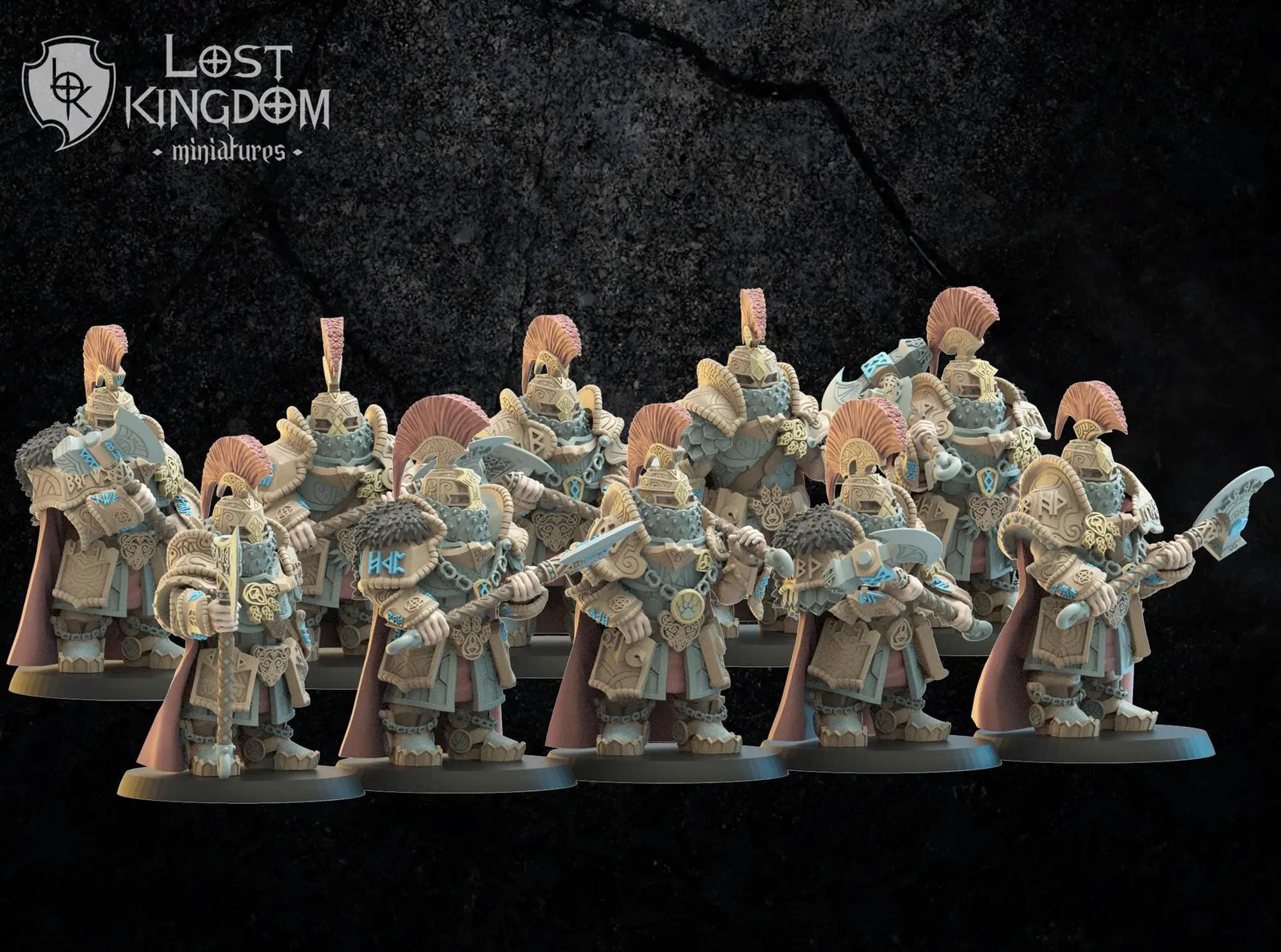 3D printed Dwarf Magyabor Guard miniature by Lost Kingdom Miniatures, showing detailed dwarf armor and weaponry in a dynamic pose.