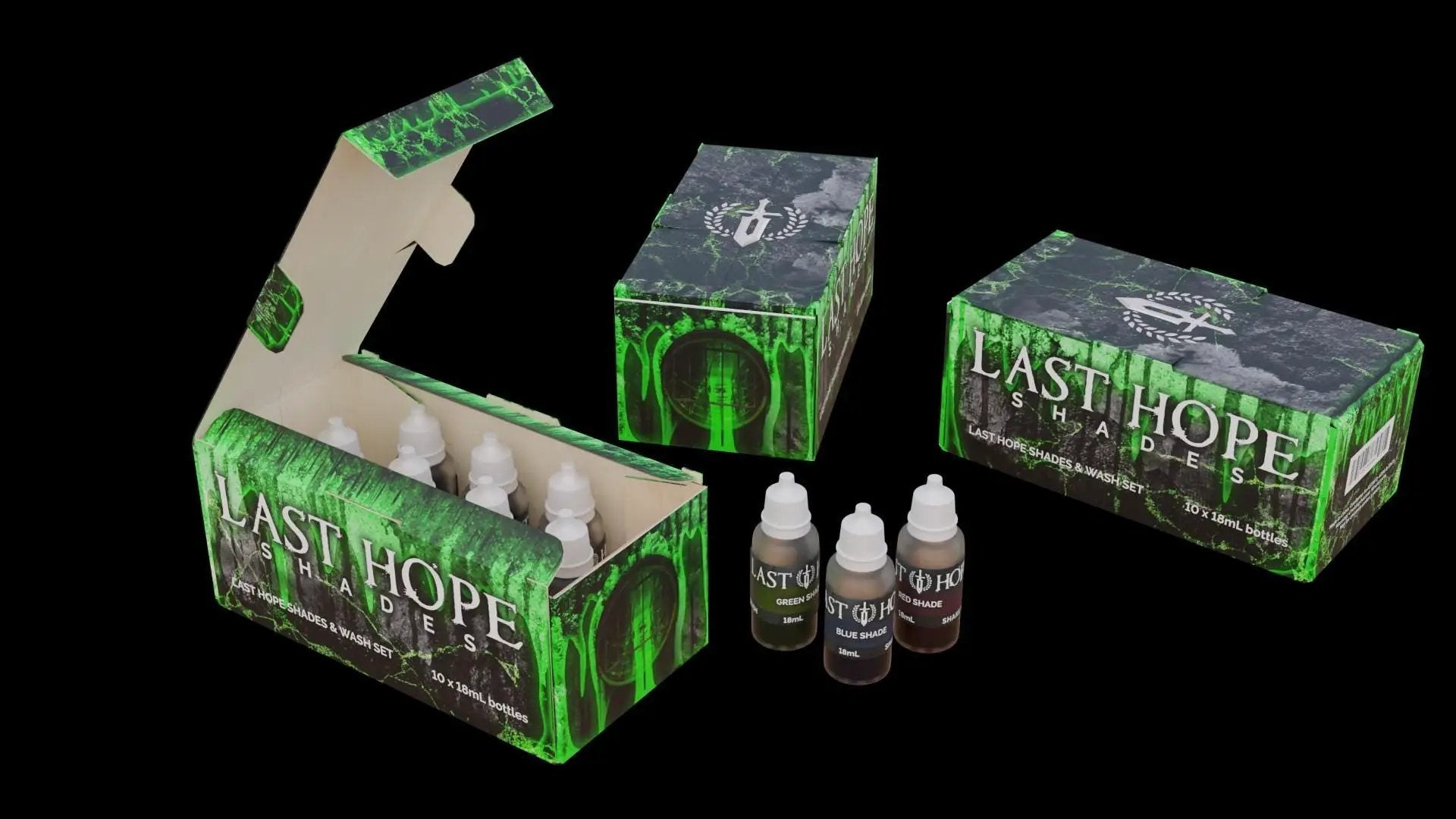 Acrylic paints for wargame miniatures by Last Hope Miniatures, featuring various vibrant colors and painting tools.