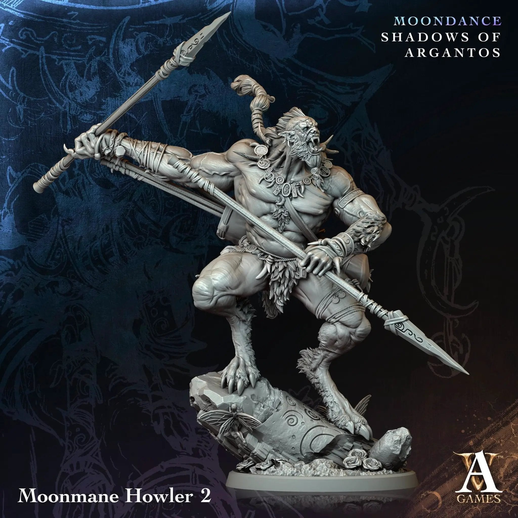 3D printed Moonmane Howlers miniature by Last Hope Miniatures for Archvillain Games, showing detailed wolf-like figures.
