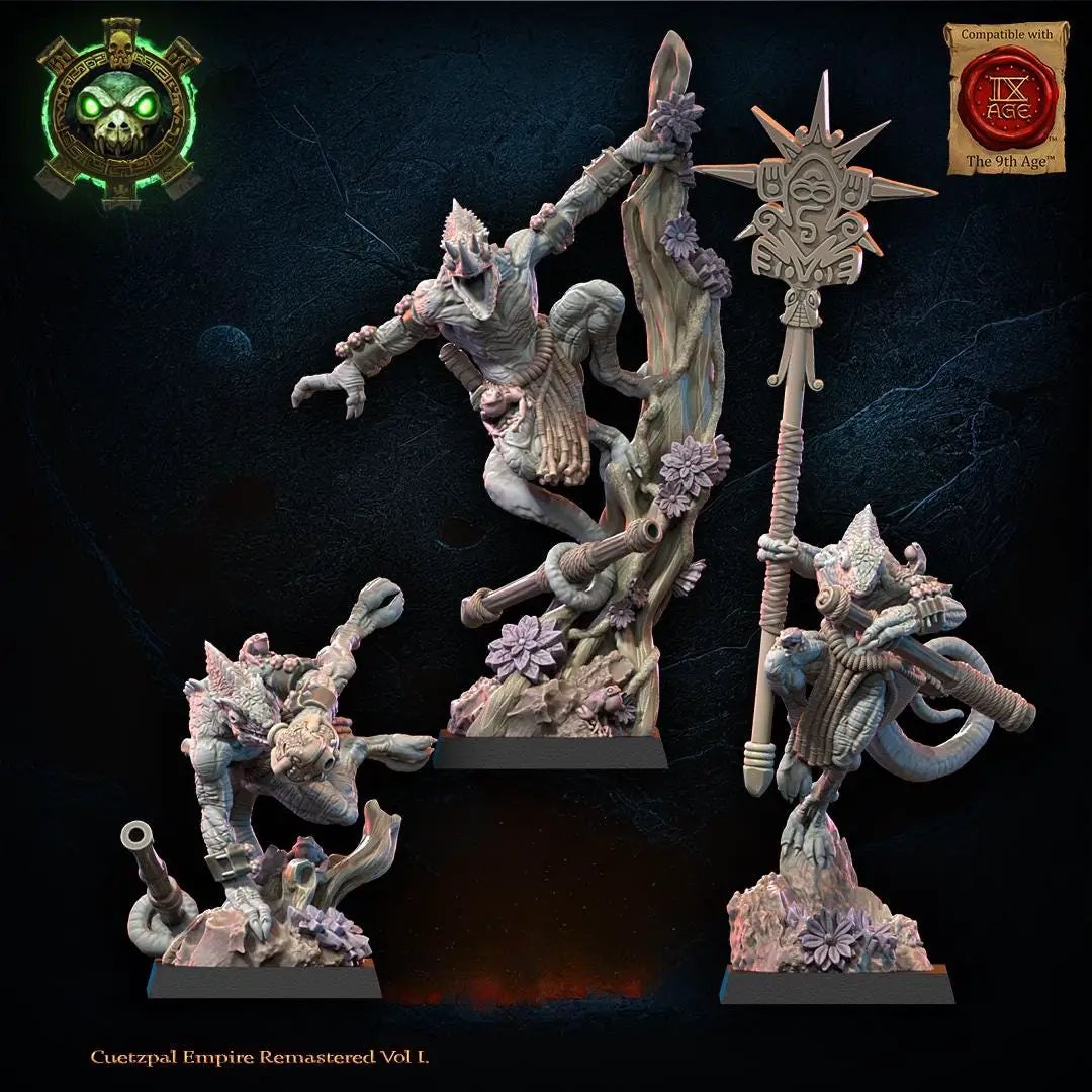3D printed lizard kin blowpipe command group by Lost Kingdom Miniatures, featuring detailed lizard figures with blowpipes and accessories.