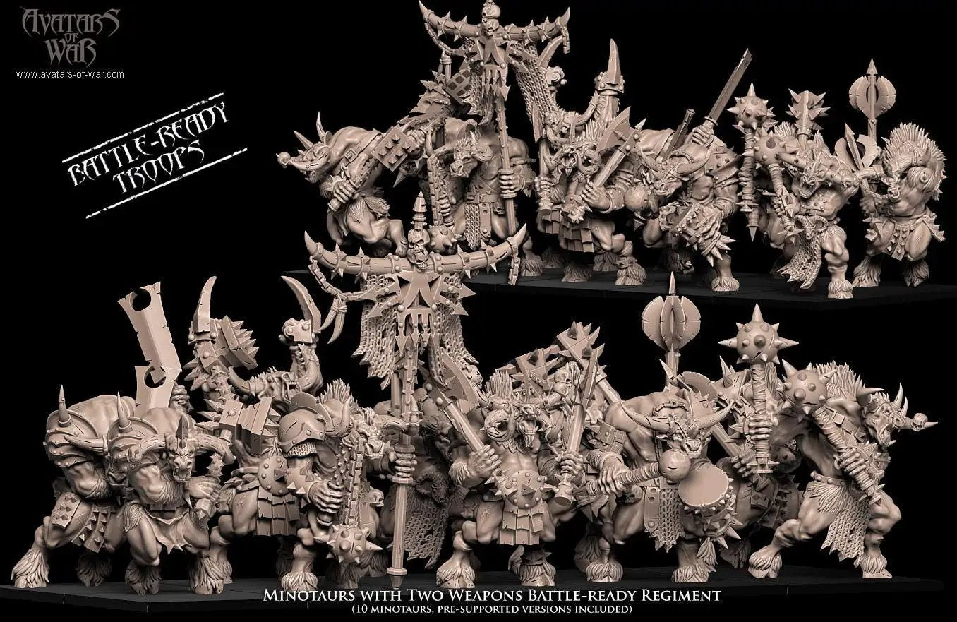 3D printed Minotaurs with two weapons from Avatars of War, detailed fantasy miniatures by Last Hope Miniatures.