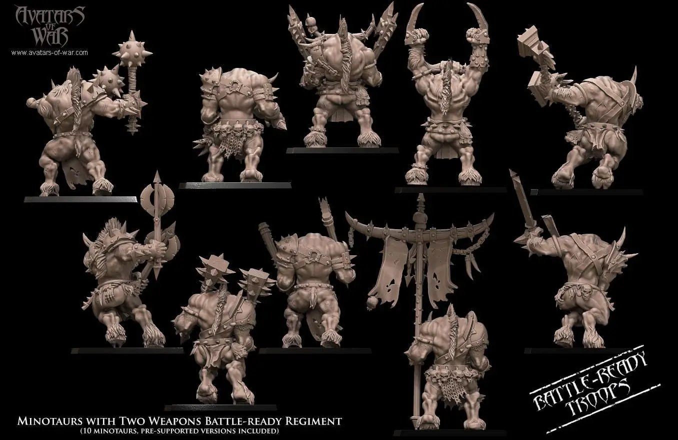 3D printed Minotaur miniatures by Last Hope Miniatures, featuring fierce Minotaurs wielding two weapons for tabletop gaming.