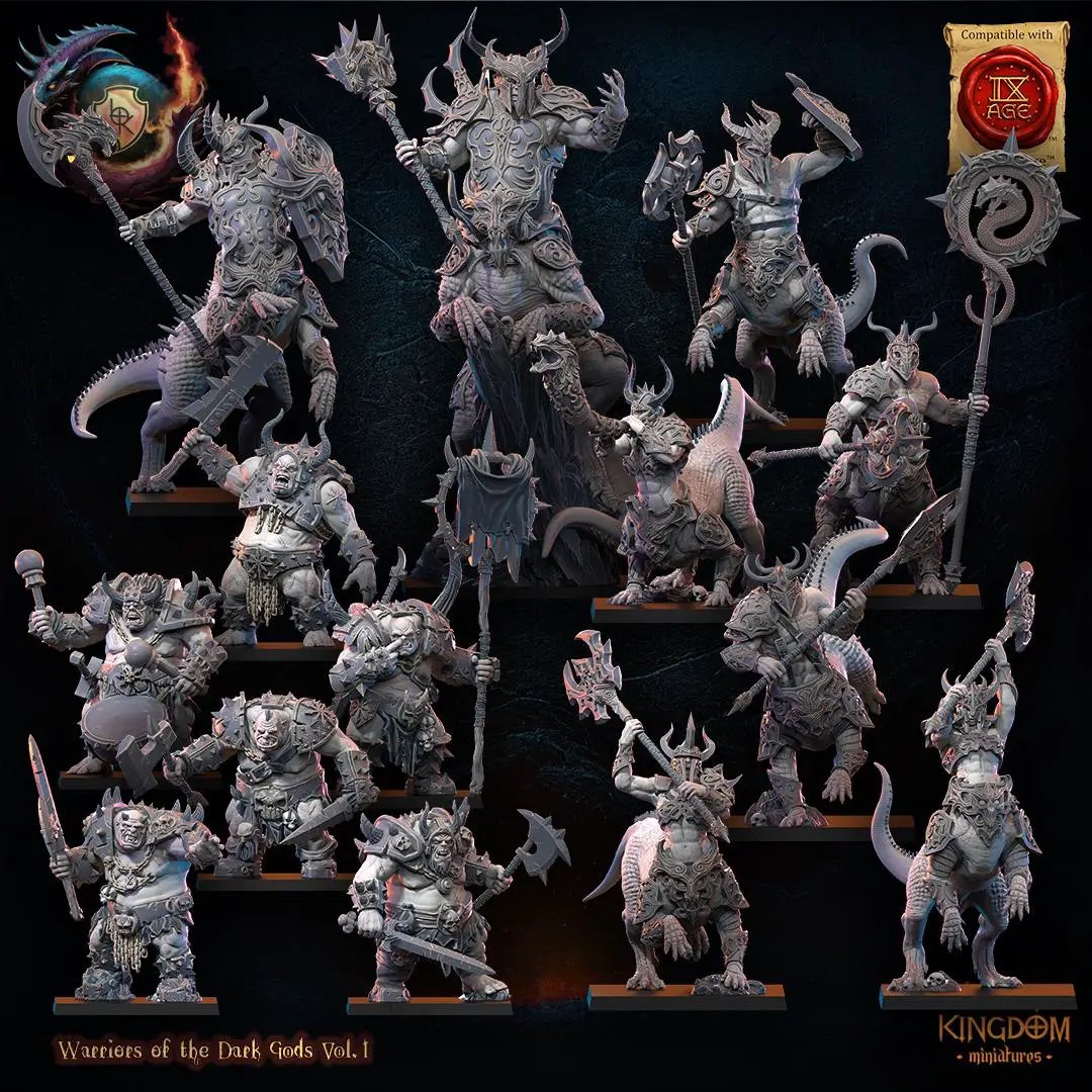 3D printed Feldrak Regiment 3x miniatures by Lost Kingdom Miniatures, showing detailed fantasy creature figures on a display base.