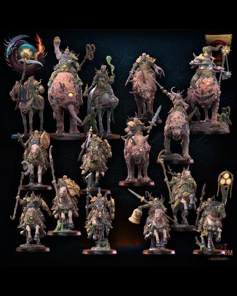 Five 3D printed diseased knight miniatures by Lost Kingdom Miniatures, featuring decayed armor and twisted weapon details.