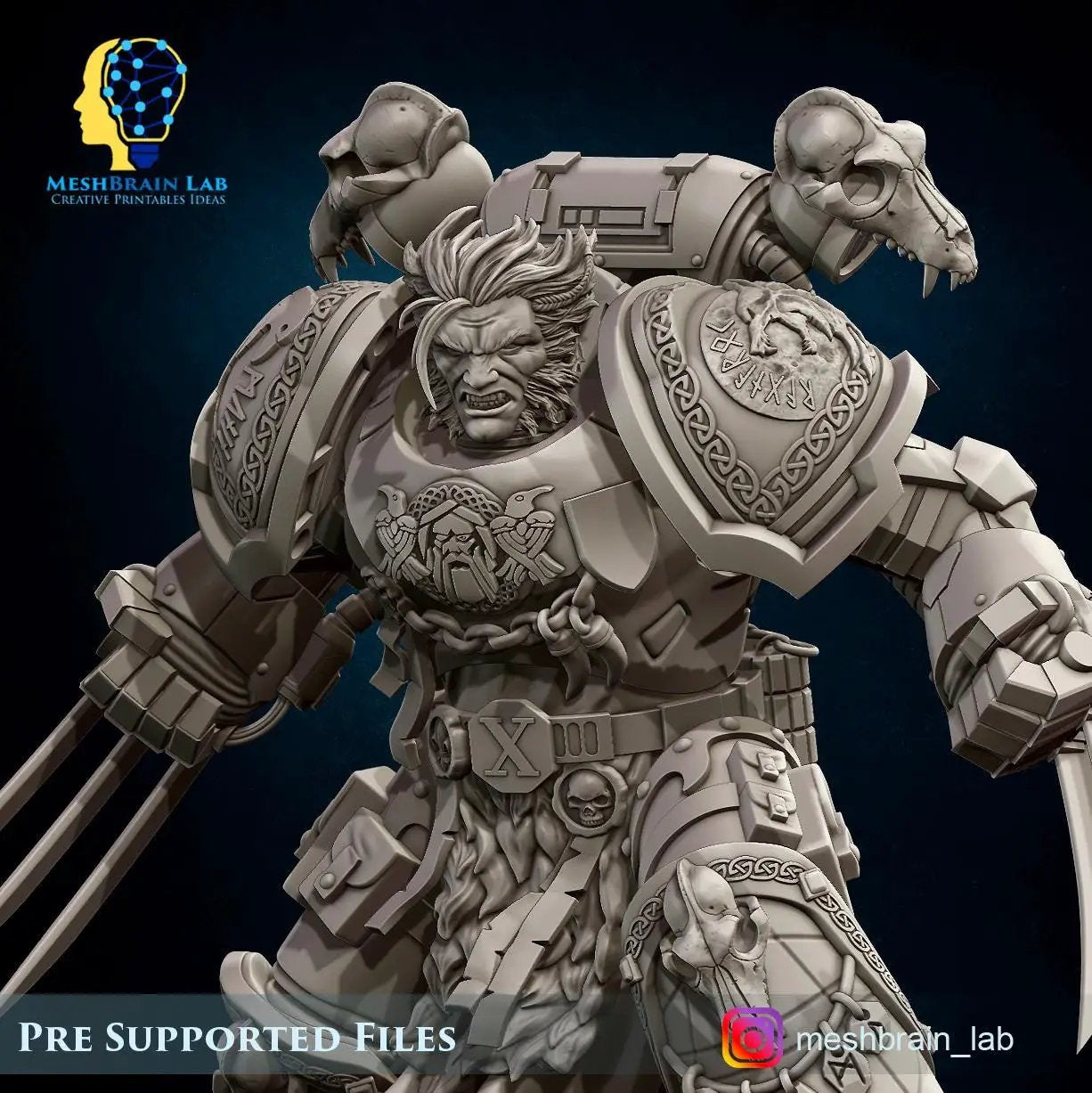 3D printed Son of The Aesir Champion miniature by Meshbrain Labs, displayed with detailed armor and heroic stance.