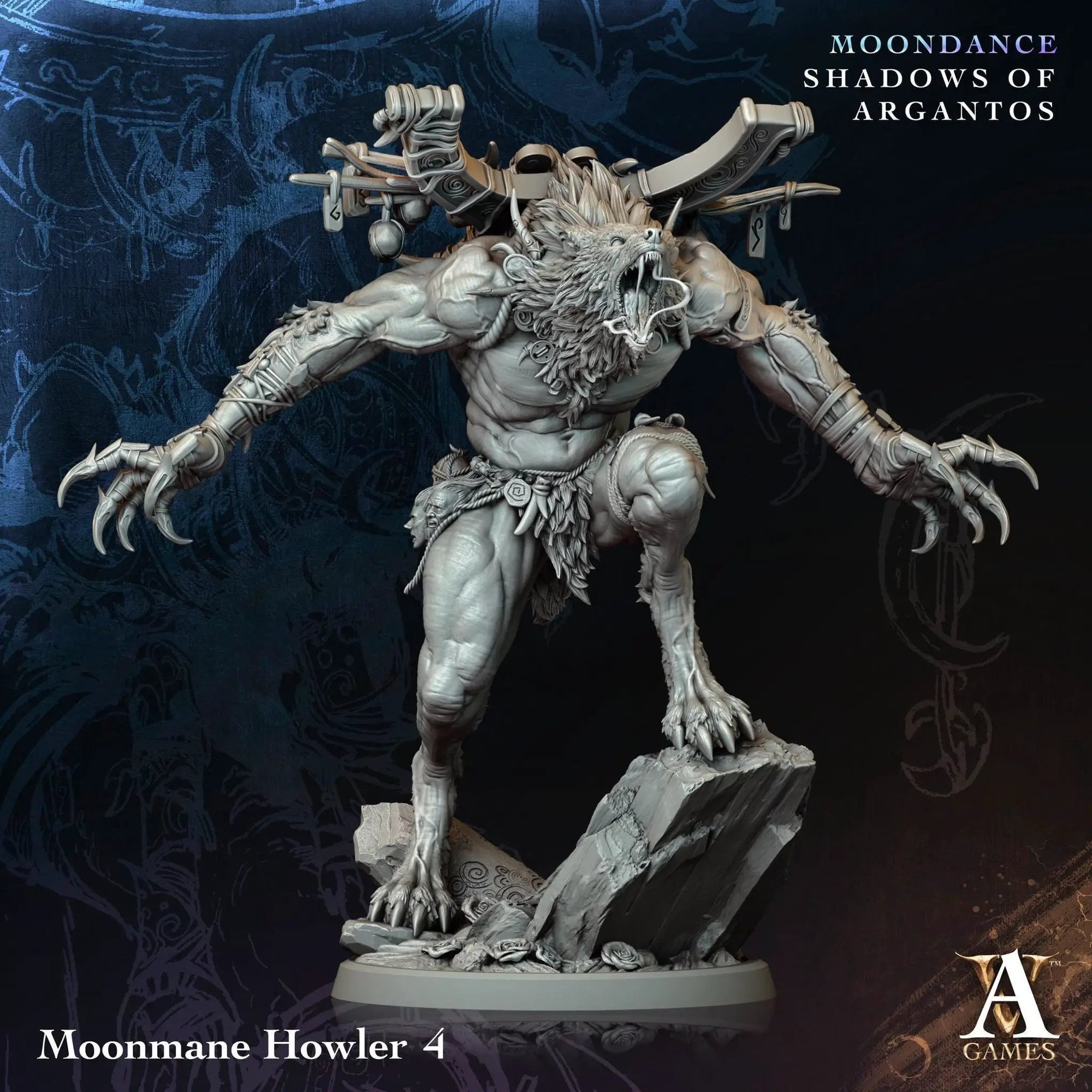 3D printed Moonmane Howlers miniatures by Last Hope Miniatures from Archvillain Games, showing detailed wolf-like figures in gray resin.