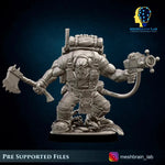 3D printed Ork Commando miniature by Meshbrain Labs with energy gun, detailed green orc figure for tabletop gaming.