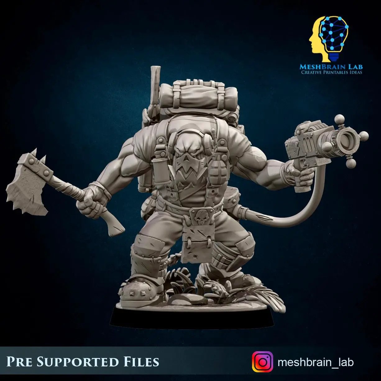 3D printed Ork Commando miniature by Meshbrain Labs with energy gun, detailed green orc figure for tabletop gaming.
