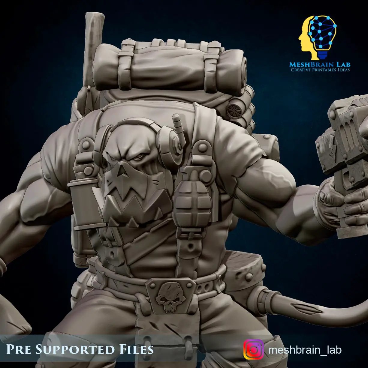 3D printed Ork Commando with energy gun miniature by Last Hope Miniatures for Meshbrain Labs Miniatures.