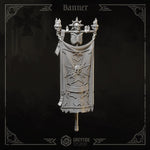 3D printed Eternal Crusader banners by Last Hope Miniatures for Greytide Studio, featuring detailed Gothic-style flags.
