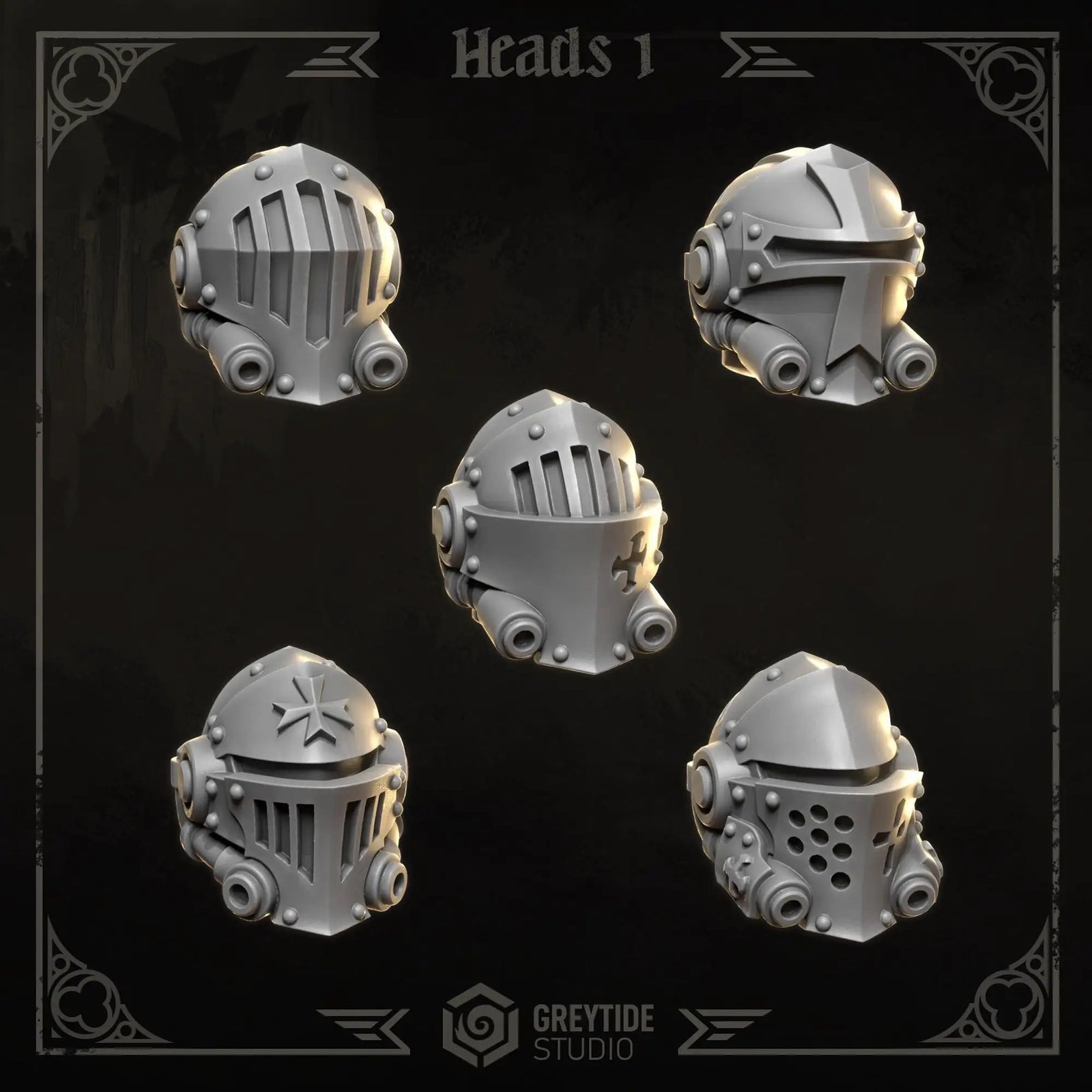 3D printed Eternal Crusader Heads upgrade kit by Greytide Studio for Last Hope Miniatures, featuring detailed miniature head components.
