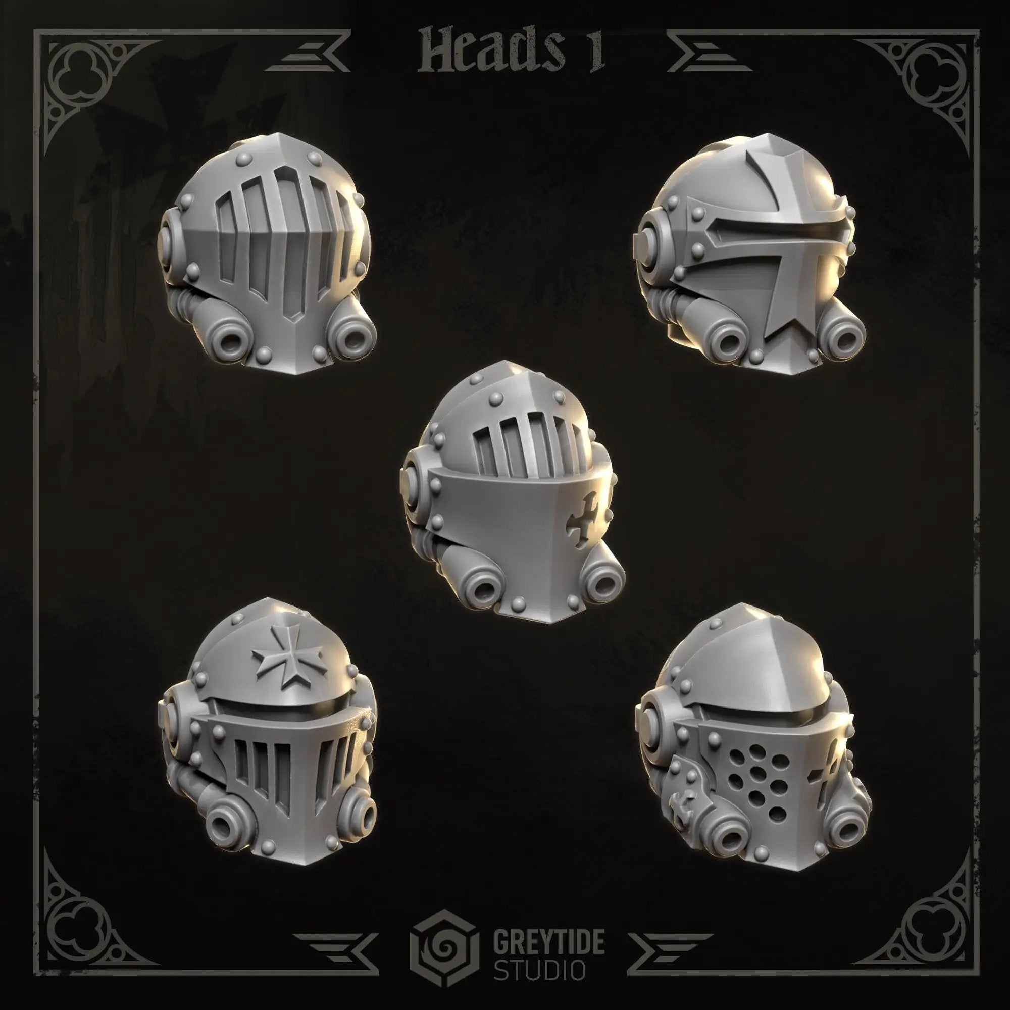 3D printed Eternal Crusader Heads upgrade kit by Greytide Studio for Last Hope Miniatures, featuring detailed miniature head components.