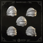 10 3D printed Eternal Crusader Shoulderpads by Greytide Studio for Last Hope Miniatures, detailed medieval-style armor accessories.