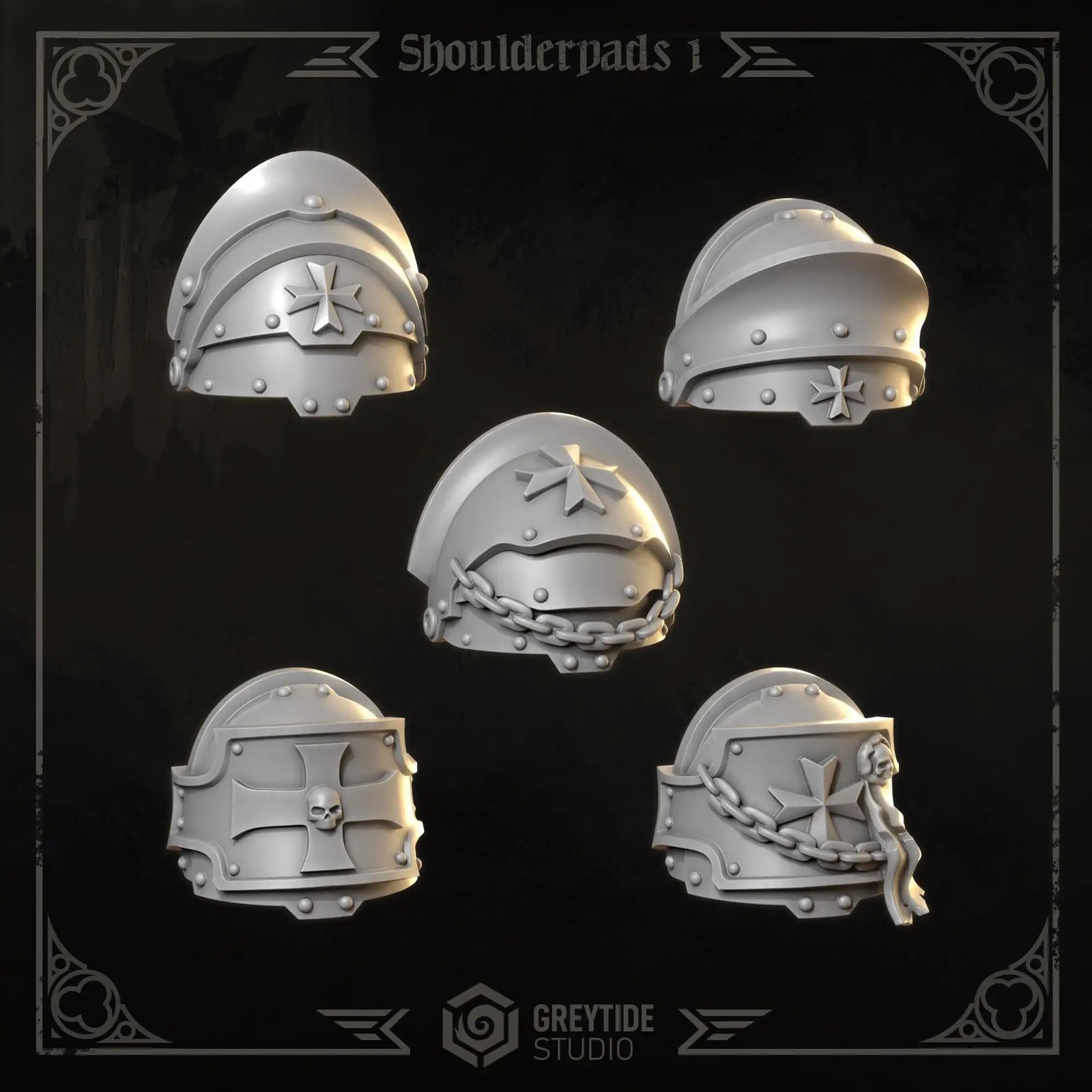 10 3D printed Eternal Crusader Shoulderpads by Greytide Studio for Last Hope Miniatures, detailed medieval-style armor accessories.