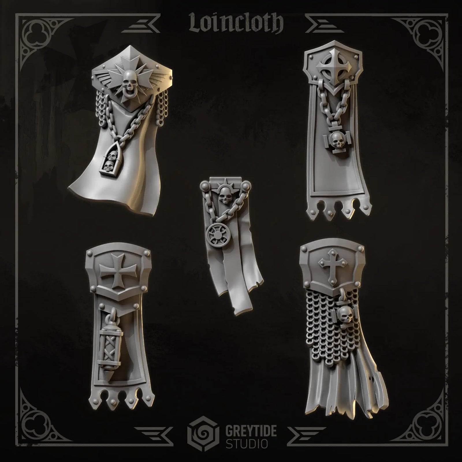 Three 3D printed Eternal Crusader Loincloths upgrade kit by Greytide Studio for Last Hope Miniatures, shown in detailed view.