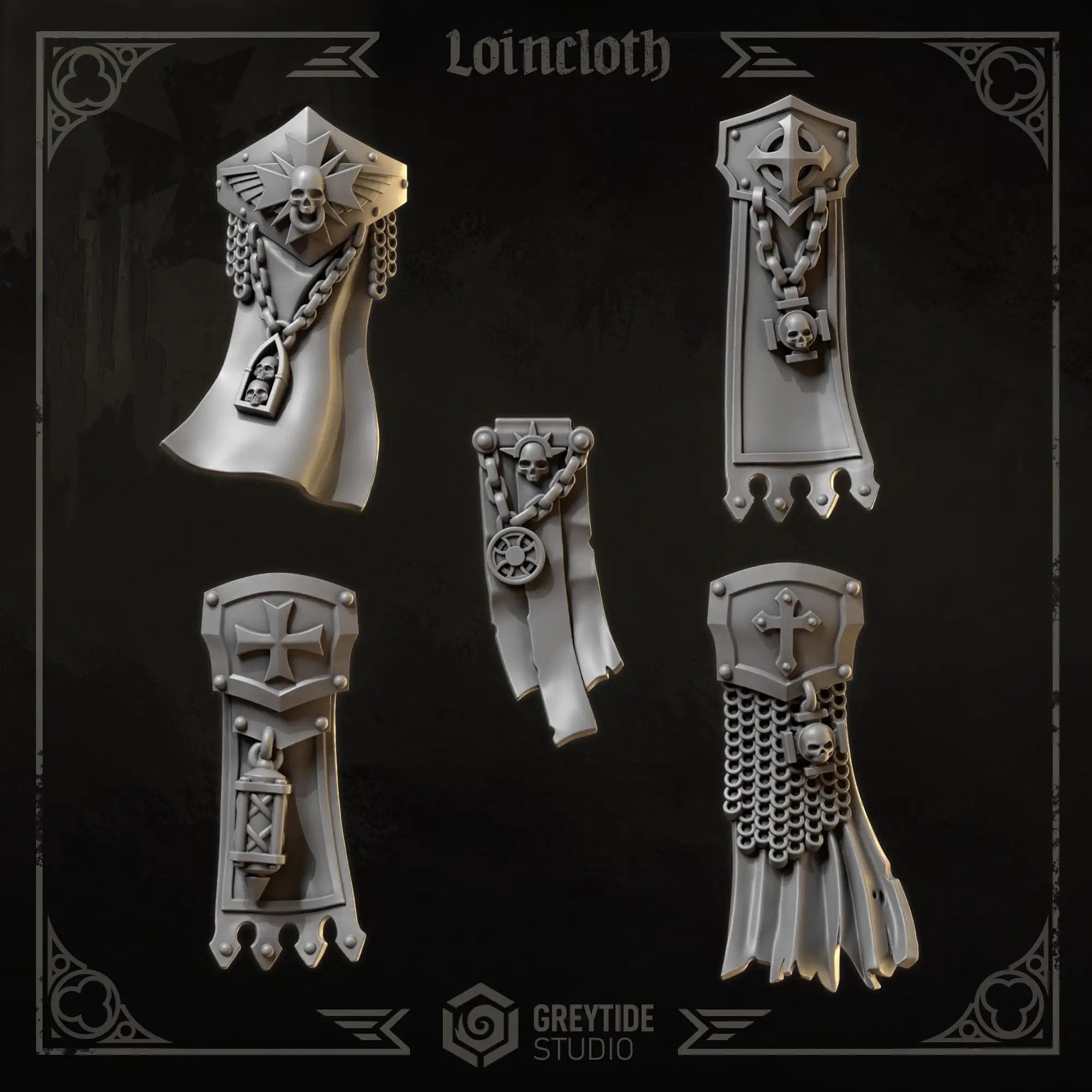 Three 3D printed Eternal Crusader Loincloths upgrade kit by Greytide Studio for Last Hope Miniatures, shown in detailed view.