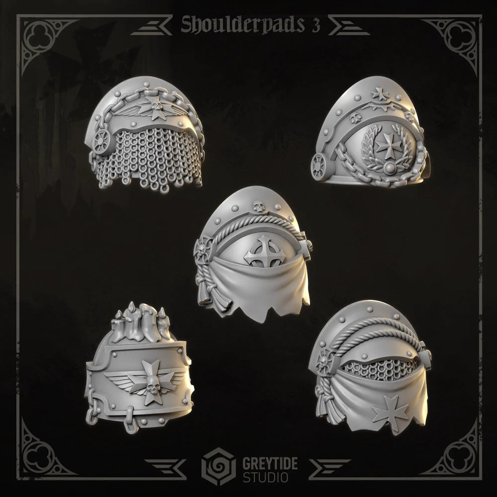 3D printed Eternal Crusader Shoulderpads #3 by Greytide Studio, detailed miniature armor accessories for tabletop gaming.