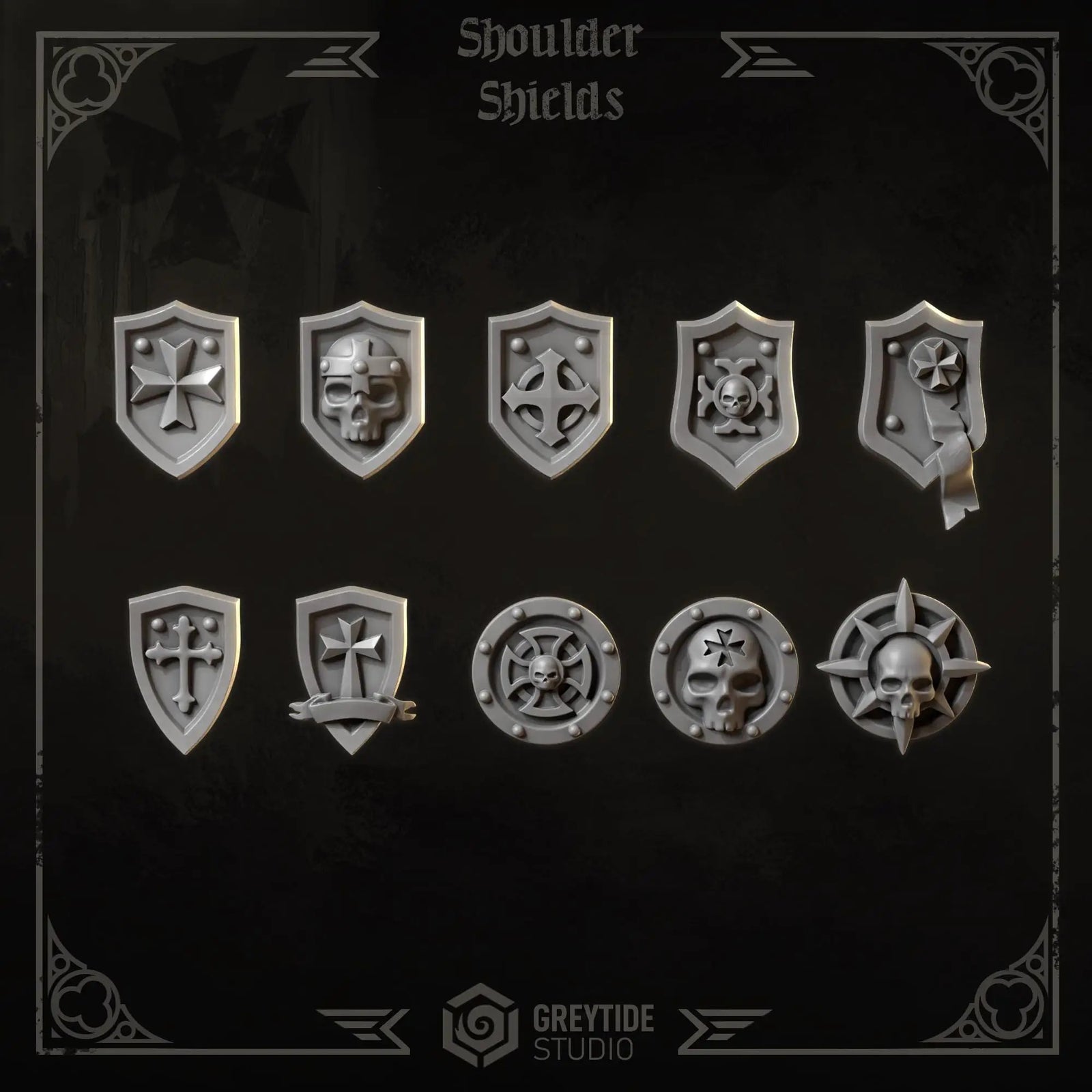 3D printed Eternal Crusader Tilt Shield by Last Hope Miniatures for Greytide Studio, detailed medieval-style shield with intricate design.