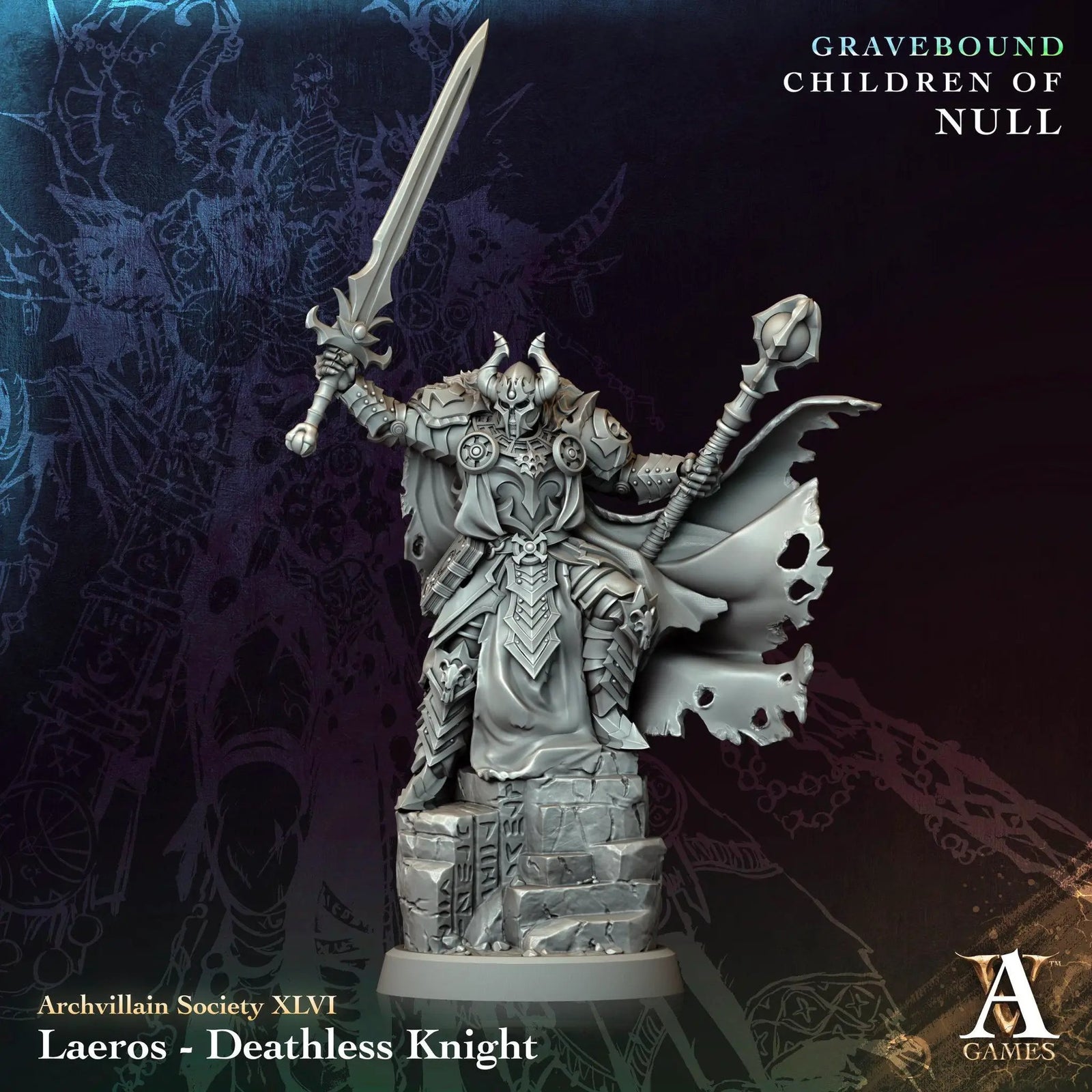 3D printed Laeros Deathless Knight miniature by Last Hope Miniatures for Archvillain Games, detailed fantasy tabletop figure.