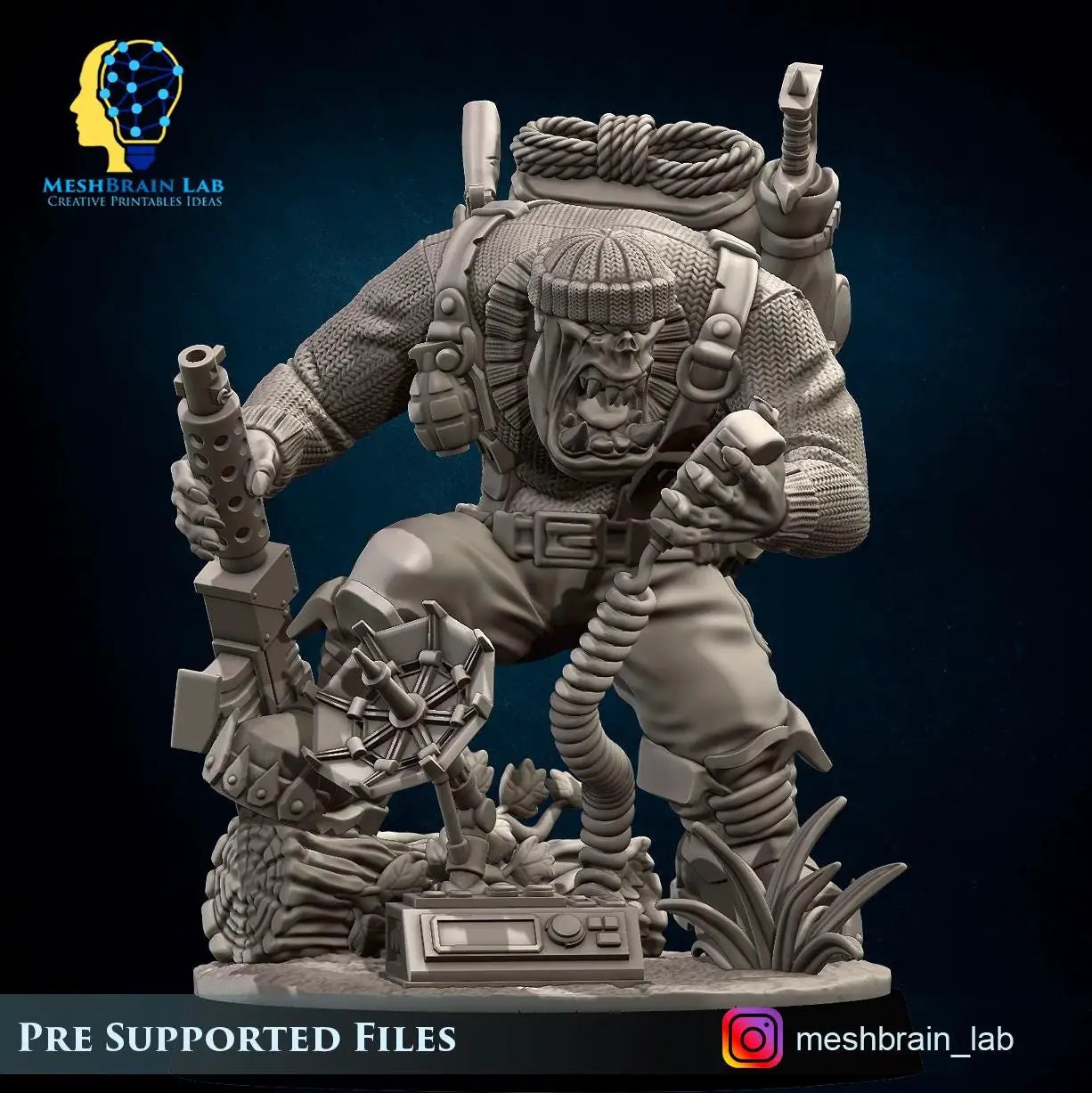 3D printed Ork Commando Radio Operator miniature by Last Hope Miniatures for tabletop gaming, detailed green Ork figure with radio equipment.