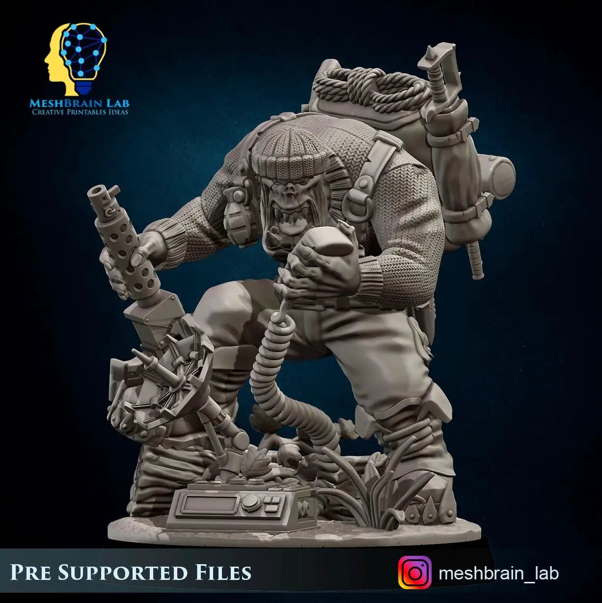 3D printed Ork Commando Radio Operator miniature by Last Hope Miniatures from Meshbrain Labs, detailed green Ork figure with radio gear.