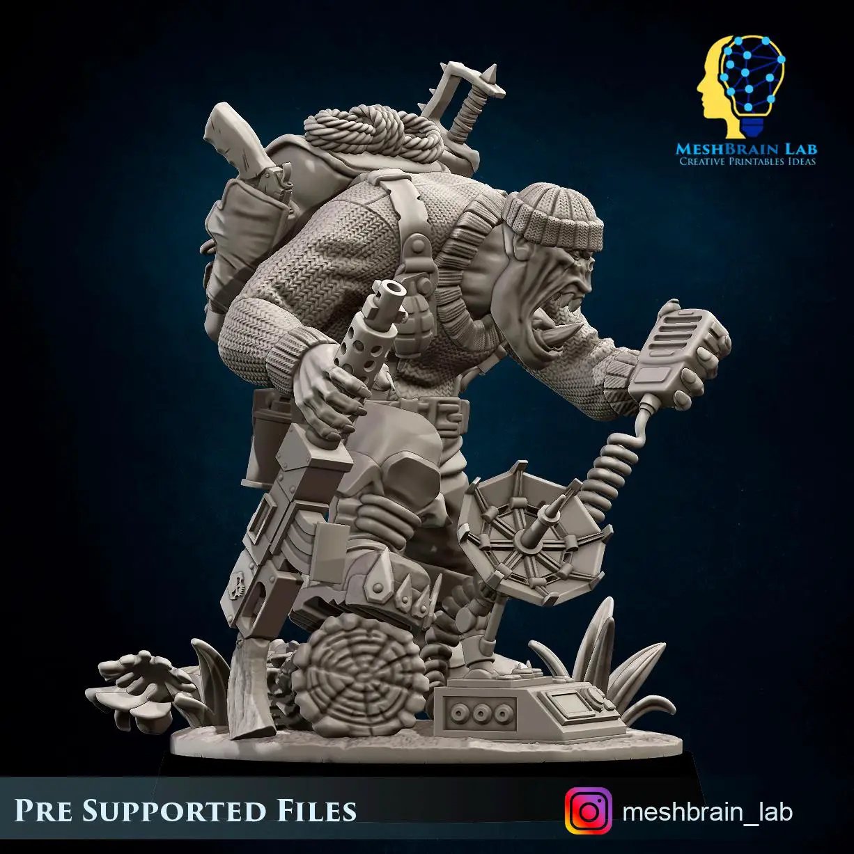 3D printed Ork Commando Radio Operator miniatures by Last Hope Miniatures from Meshbrain Labs, featuring green ork figure with radio gear.