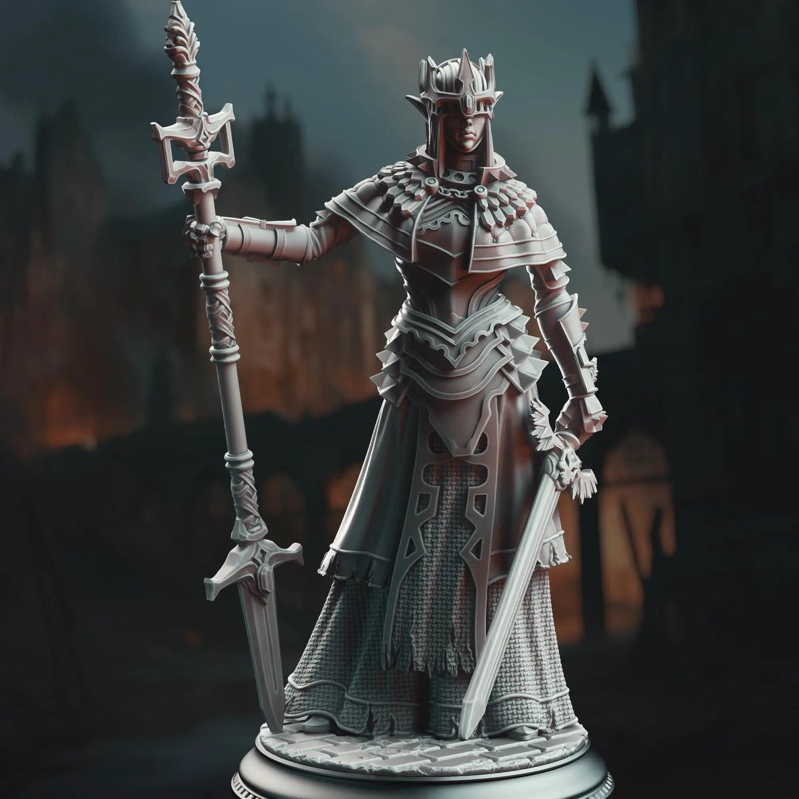 3D printed Half-Elf War Maiden Cleric miniature by Last Hope Miniatures, showing detailed armor and weaponry in a dynamic pose.