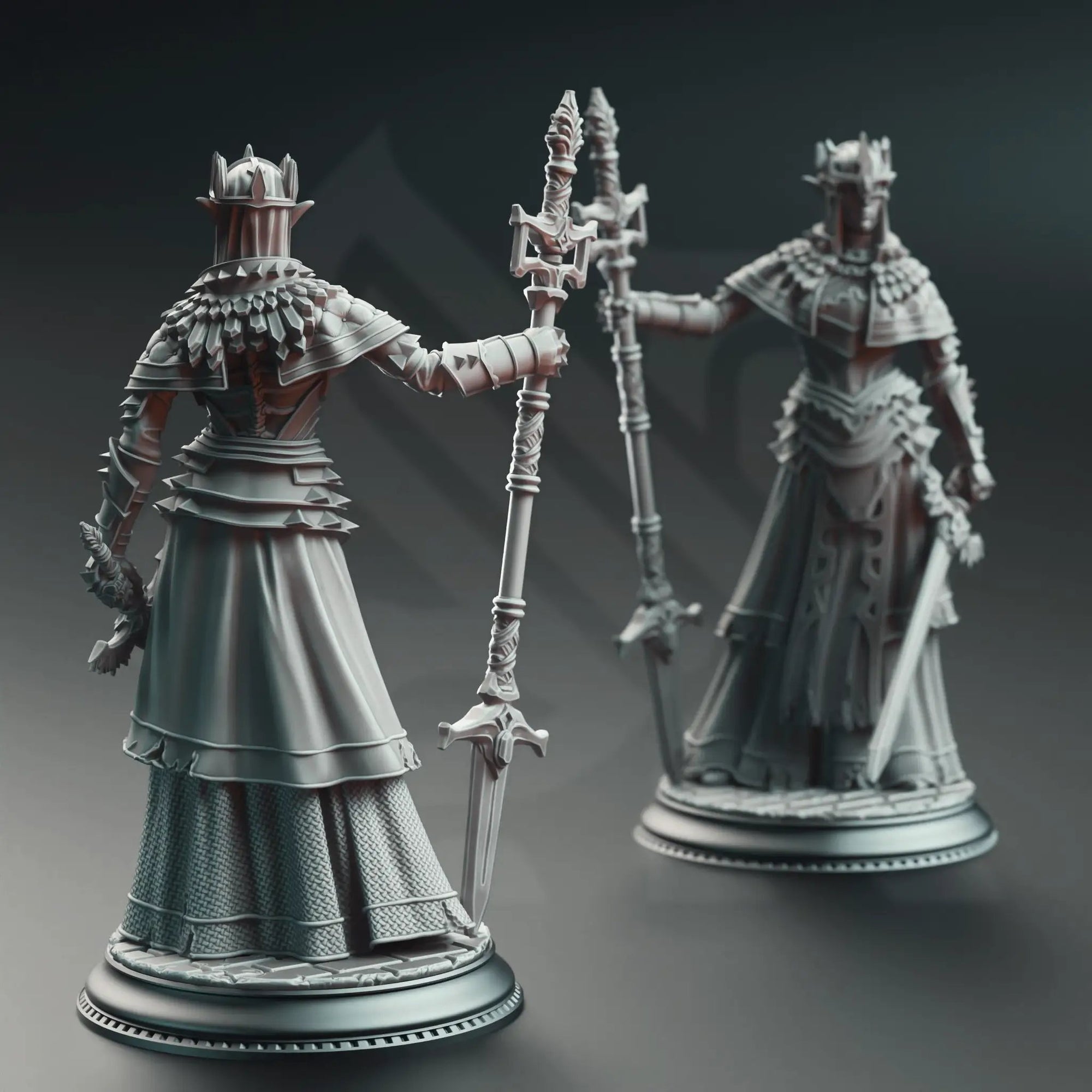 3D printed Half-Elf War Maiden Cleric miniature by Last Hope Miniatures, featuring detailed armor and a divine staff.