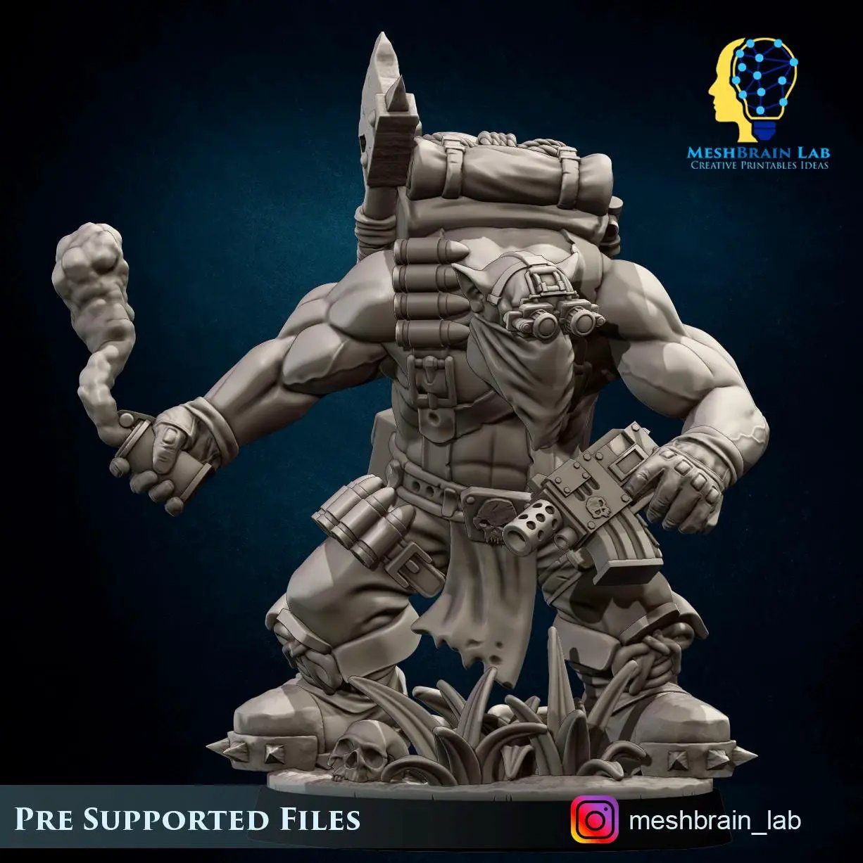3D printed Ork Smoke Grenade Commando miniature by Meshbrain Labs for Last Hope Miniatures, detailed green Ork figure with grenade gear