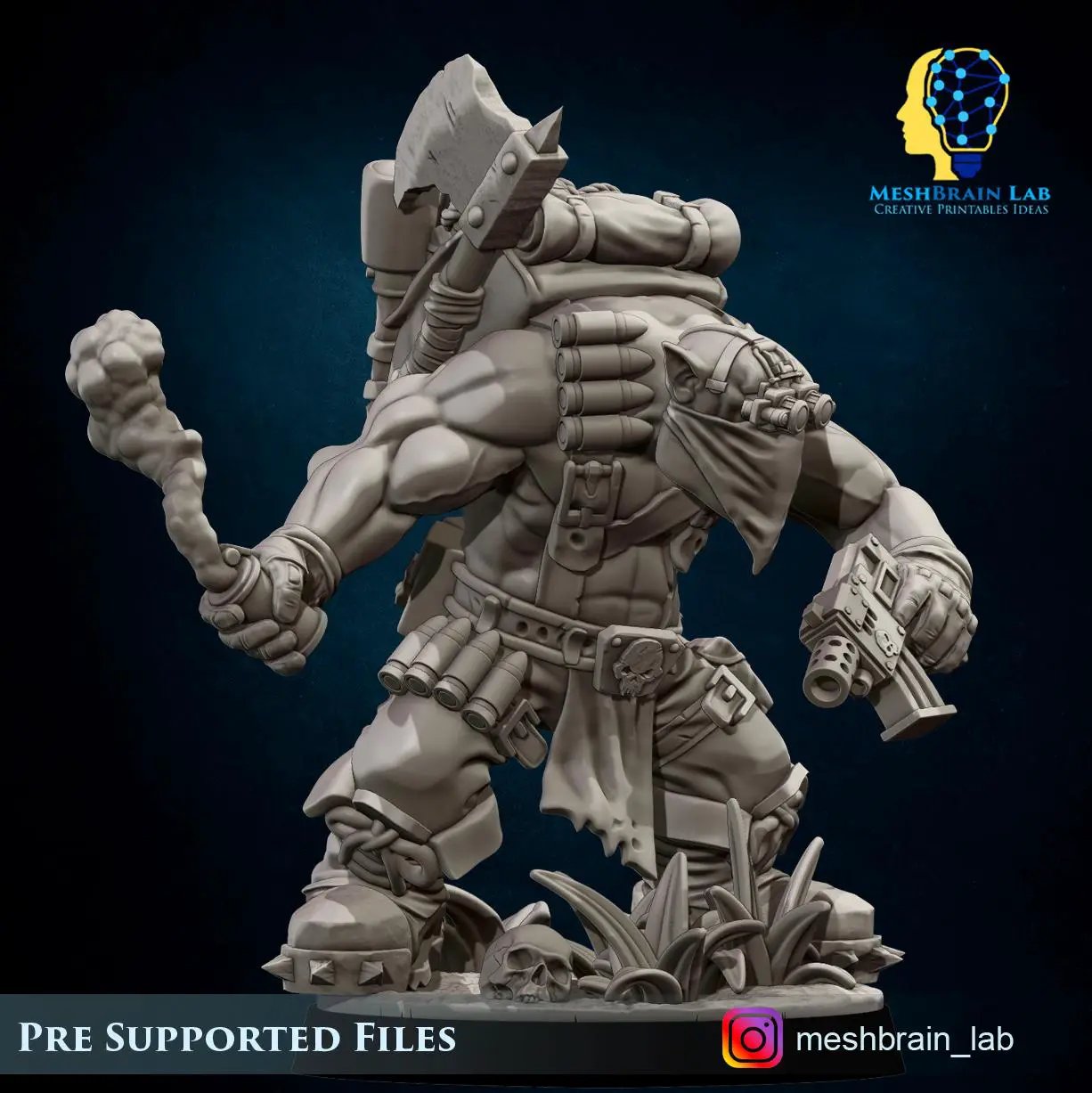 3D printed Ork Smoke Grenade Commando miniature by Meshbrain Labs, detailed green Ork figure with smoke grenade accessory.