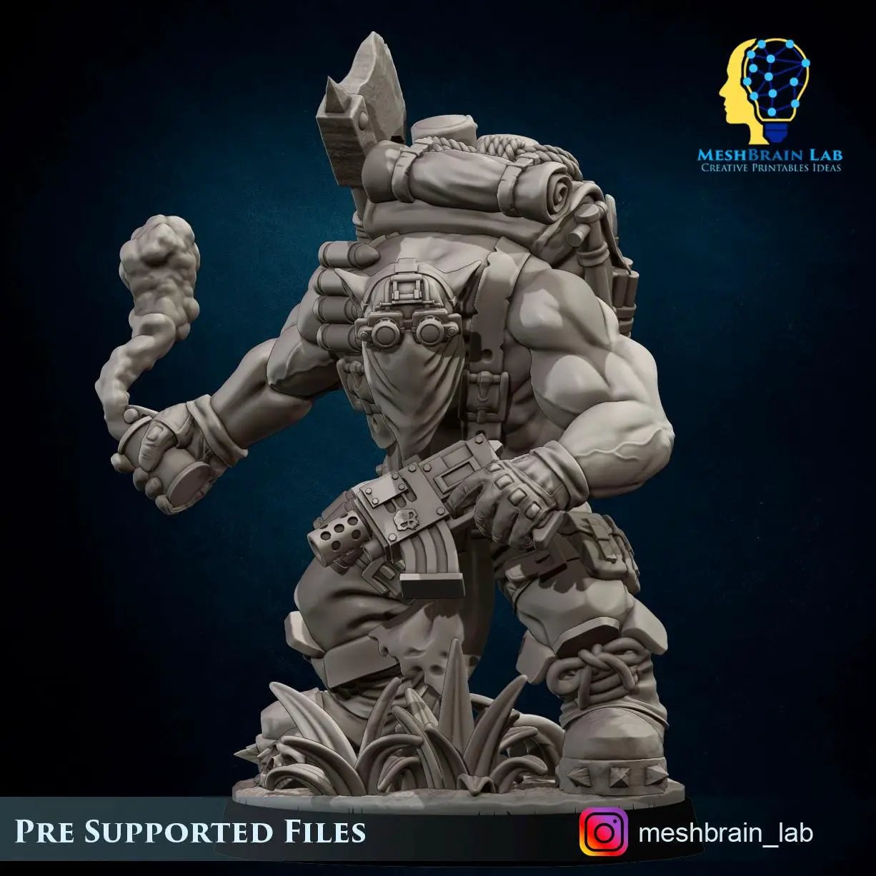 3D printed Ork Smoke Grenade Commando miniature by Meshbrain Labs for Last Hope Miniatures, detailed Ork figure with smoke grenade accessory